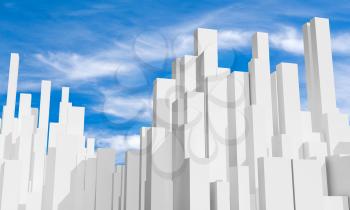 Abstract city skyline under blue cloudy sky. Digital model with geometric white skyscrapers, 3d rendering illustration