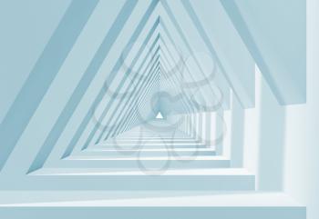 Abstract white triangle shaped tunnel with blue shadows, digital interior background. 3d render illustration