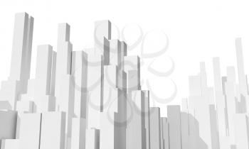Abstract city skyline isolated on white background. Digital model with geometric white skyscrapers, 3d rendering illustration