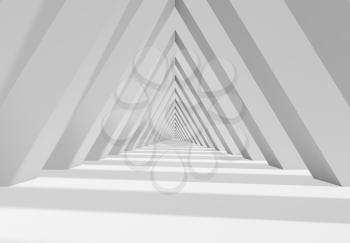 Abstract white triangle shaped tunnel, digital interior background. 3d render illustration