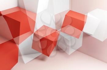 Abstract digital graphic background, intersected white and red cubes structures. 3d rendering illustration
