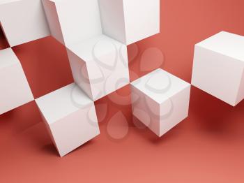 Abstract graphical background, white cubes installation in empty red room. 3d rendering illustration