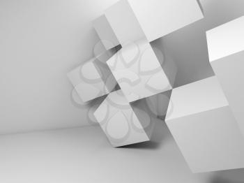 Abstract digital background, white cubes installation in empty room. 3d rendering illustration