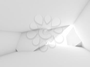 Abstract empty white room interior with geometric installation art, minimal architectural background. 3d render illustration
