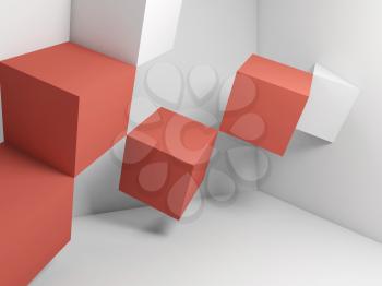 Abstract graphical background, white red cubes installation in empty room. 3d rendering illustration