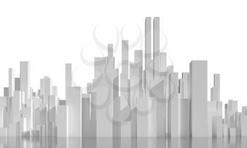 Abstract cityscape isolated on white background. Digital model with geometric tall white skyscrapers, 3d rendering illustration