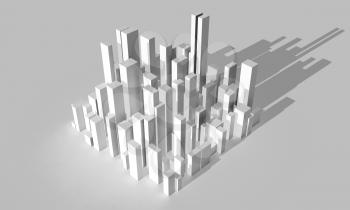 Abstract white city block. Digital model with geometric skyscrapers, 3d rendering illustration