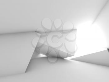 Abstract empty white room interior with geometric installation, minimal architectural background. 3d render illustration
