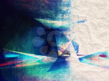 Abstract colorful chaotic polygonal structure over grungy paper background texture, 3d render illustration