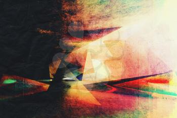 Abstract chaotic polygonal structure over colorful grungy concrete wall background texture, 3d render illustration