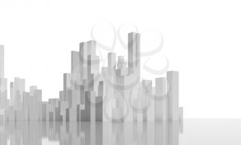 Abstract downtown skyline isolated on white background. Digital model with geometric tall white skyscrapers, 3d rendering illustration