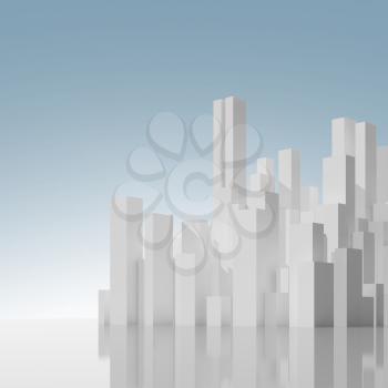 Abstract city skyline under blue sky. Digital model with geometric tall white skyscrapers block, 3d rendering illustration