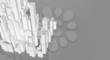Abstract city block. Digital model with geometric white skyscrapers on gray ground with copy-space area on right side, 3d rendering illustration