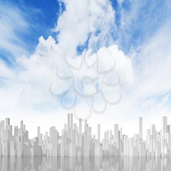 Abstract cityscape under cloudy sky. Digital model with geometric tall white skyscrapers block, square 3d rendering illustration