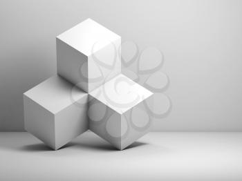 Abstract digital background with three white cubes installation in empty room. 3d rendering illustration
