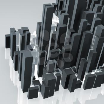 Abstract dark city block. Digital model with black primitive geometric skyscrapers, 3d rendering illustration