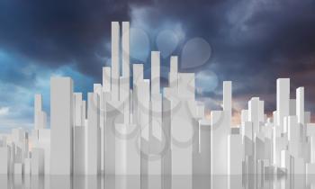 Abstract city under stormy cloudy sky. Digital model with geometric tall white skyscrapers block, 3d rendering illustration