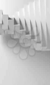 Abstract white geometric background. White parametric spiral installation of boxes, vertical 3d rendering illustration 