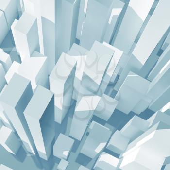 Abstract white city, light blue toned aerial view. Digital model with geometric skyscrapers, square 3d rendering illustration