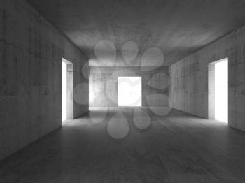 Abstract empty concrete corridor interior with glowing white doors. 3d rendering illustration
