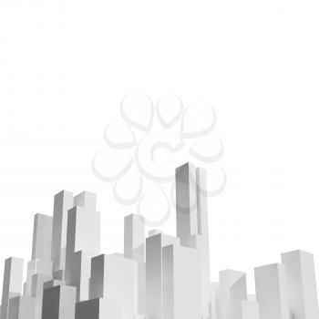 Abstract white city skyline isolated on white. Digital background with primitive blank skyscrapers, square 3d rendering illustration