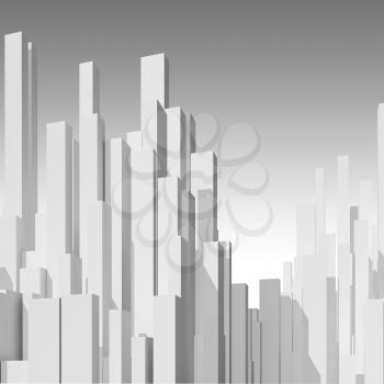 Abstract white city skyline background. Digital model with primitive blank skyscrapers, square 3d rendering illustration
