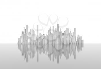 Abstract white city, urban island on shiny gray surface isolated on white background. Digital model with geometric tall skyscrapers, 3d rendering illustration