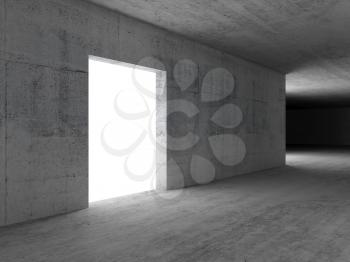 Empty glowing white door. Abstract concrete room interior background. 3d rendering illustration