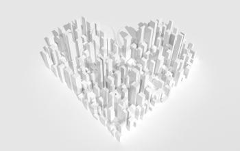 White abstract heart shaped city block aerial view. Digital model with geometric skyscrapers, 3d rendering illustration