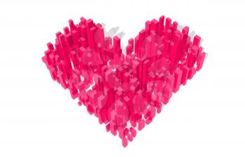 Pink abstract heart shaped city block, aerial view with strong shadows isolated on white background. Digital model with geometric skyscrapers, 3d rendering illustration