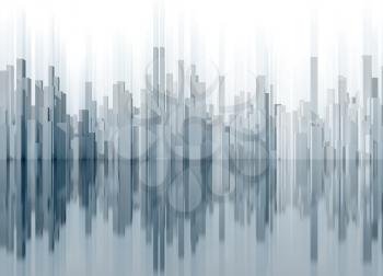 Abstract digital city skyline on shiny ground. Digital model with geometric tall skyscrapers, 3d rendering illustration