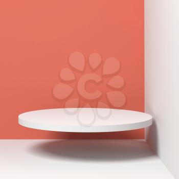 White cylindrical podium object in empty room corner, square 3d rendering illustration