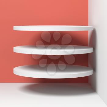 Three flying white cylindrical objects are in empty corner, square 3d rendering illustration