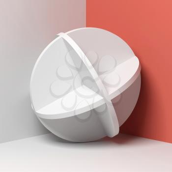 Abstract white round object stands in a corner of empty room, square 3d rendering illustration