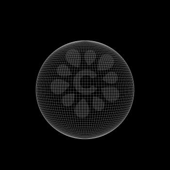 White wire frame sphere isolated on black background, square digital illustration, 3d rendering