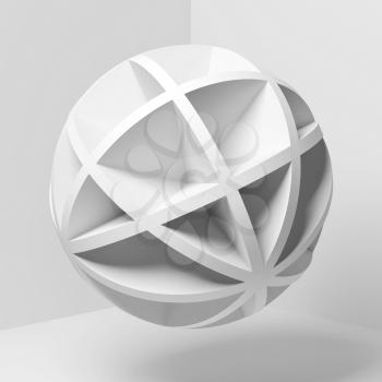 Abstract white spherical object flying in empty corner, square 3d rendering illustration