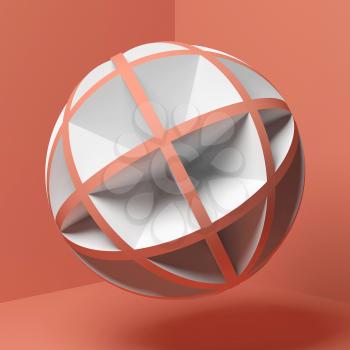Abstract red white spherical flying in empty pink room, square 3d rendering illustration