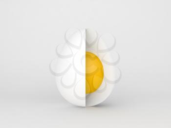 Chicken egg with cut section, standing over white background, 3d rendering illustration