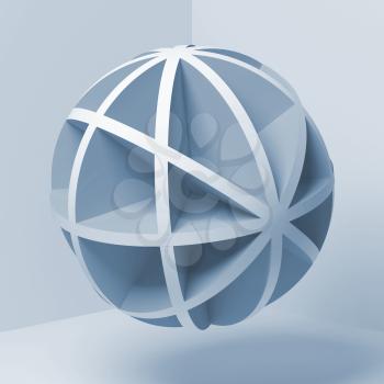 Abstract white compound spherical object flying in empty room, square blue toned 3d rendering illustration