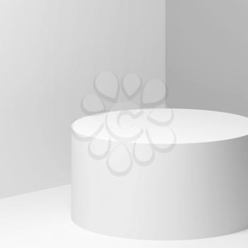 White cylindrical podium over white walls background, square 3d rendering illustration
