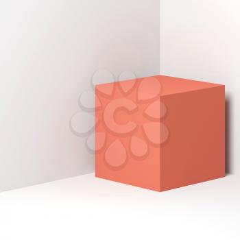 Pink cube stands in empty white corner. Square 3d rendering illustration