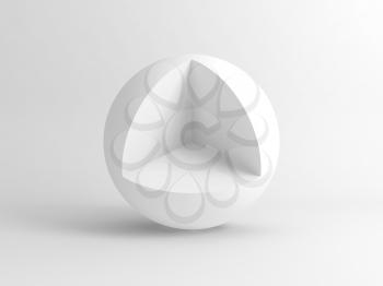 Abstract digital white minimal installation, spherical object  with cubical cut sector. 3d rendering illustration
