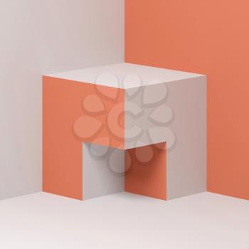 Abstract red white cubical object stands in empty corner, minimal architecture background. Square 3d rendering illustration