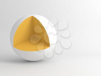 Abstract digital minimal installation, white sphere with cubical cut sector corner. 3d rendering illustration
