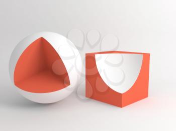 Abstract digital still life installation with sliced red white cube and sphere. Subtract Boolean operation illustration. 3d rendering illustration