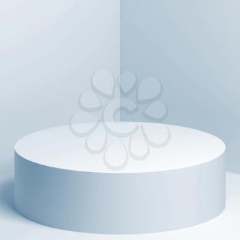 White cylindrical podium stands in empty corner, blue toned 3d rendering illustration