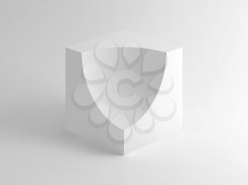 Abstract digital minimal still life installation, white cube with spherical cut sector over soft shaded background. 3d rendering illustration