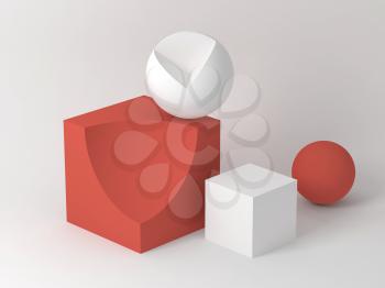 Abstract cg still life installation with red white geometric shapes over soft shaded background. Subtract Boolean operation illustration. 3d rendering