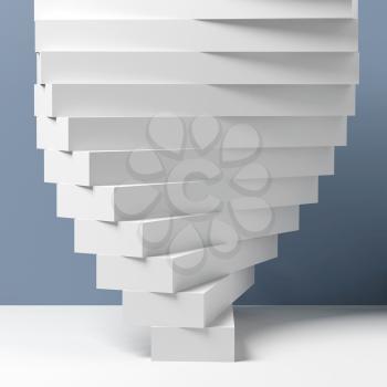 Abstract white parametric installation of boxes over blue wall background, 3d rendering illustration