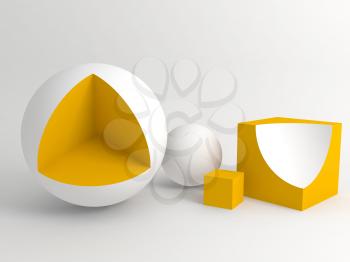 Abstract digital still life installation with yellow white geometric shapes over white soft shaded background. Subtract Boolean operation illustration. 3d rendering